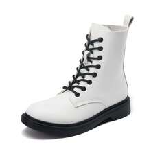 Women Lace-Up Combat Boots Ankle Booties Round Toe With A Lace-Up Front And Side Zipper Retro Motorcycle Boots - trắng - Xem 2