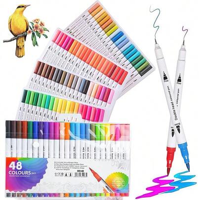 Kit 48 Cores Caneta 2 em 1 Brush Lettering e Ponta Fina Dual Pen Canetinha Colorir Desenho