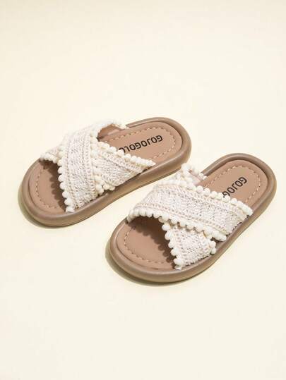 1 Pair Summer Little Girls Slippers, Comfortable Soft Simple Beige Flat Bottom, Suitable For Indoor & Outdoor Wear, Girls Woven Belt With Fur Ball Decor, Fresh Cute Versatile Slippers