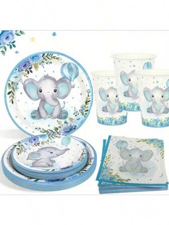 10 st/20 st/40 st/50 st/set, engångspapperstallrikar, pappersmuggar och pappershanddukar med blå elefanttema - Humoristisk blomdesign för babyshowers, födelsedagar och högtidsfiranden, födelsedagsfesttillbehör | Humoristisk elefantdesign | Dekorativa pappersmuggar, elefantfödelsedagsfest