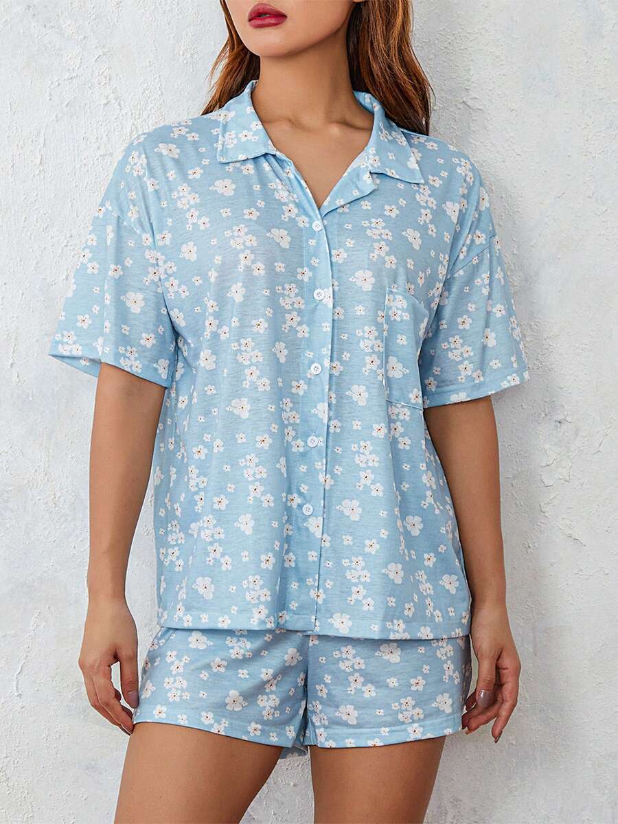 Women 2 Piece Pajamas Set Short Sleeve Floral Print Button Shirt Tops Shorts - Màu xanh lam - Xem 1