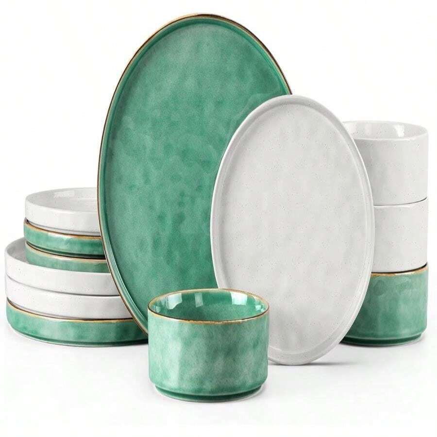 LIANYU Dinnerware Sets For 4, 12 Piece Plates And Bowls Dish Set, Stoneware Dishware Dinner Ware For Kitchen Dining, Microwave &Amp; Dishwasher Safe, Emerald Green - Trắng cực và xanh ngọc lục bảo - Xem 1