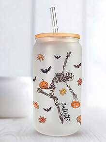 1 peça, copo com canudo e tampa de bambu, copo de água com caveira de Halloween, copo de água em formato de jarra de 500 ml, xícara de chá de frutas reutilizável para festa, presente de Halloween, presente de Natal, para família e amigos, xícara de café gelado, chá, suco, leite, presente de aniversário, bebida