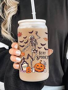 1 peça, copo com canudo e tampa de bambu, copo de água com caveira de Halloween, copo de água em formato de jarra de 500 ml, xícara de chá de frutas reutilizável para festa, presente de Halloween, presente de Natal, para família e amigos, xícara de café gelado, chá, suco, leite, presente de aniversário, bebida