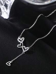 1 pieza Exquisito collar de cadena de clavícula con borla en forma de corazón de plata esterlina S925, diseño minimalista delicado, regalo de/cumpleaños para mujeres - Plateado - Ver 5