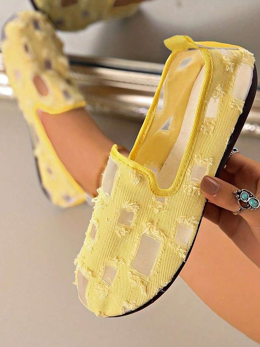 北京老式网眼透气软底一脚蹬平底乐福鞋，穿孔镂空夏季凉鞋 - 黃色 - 查看 1