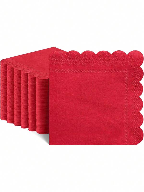 Red Napkins, Scalloped Red Cocktail Napkins Disposable Beverage Dessert Napkin For Christmas,Birthday Wedding Holiday, 5 X 5 Inch