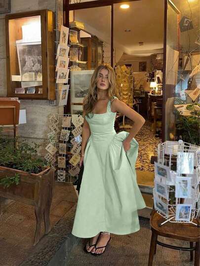 Damen einfarbiges, gerafftes Patchwork Lässig, elegantes Landhaus Stil Sommerkleid