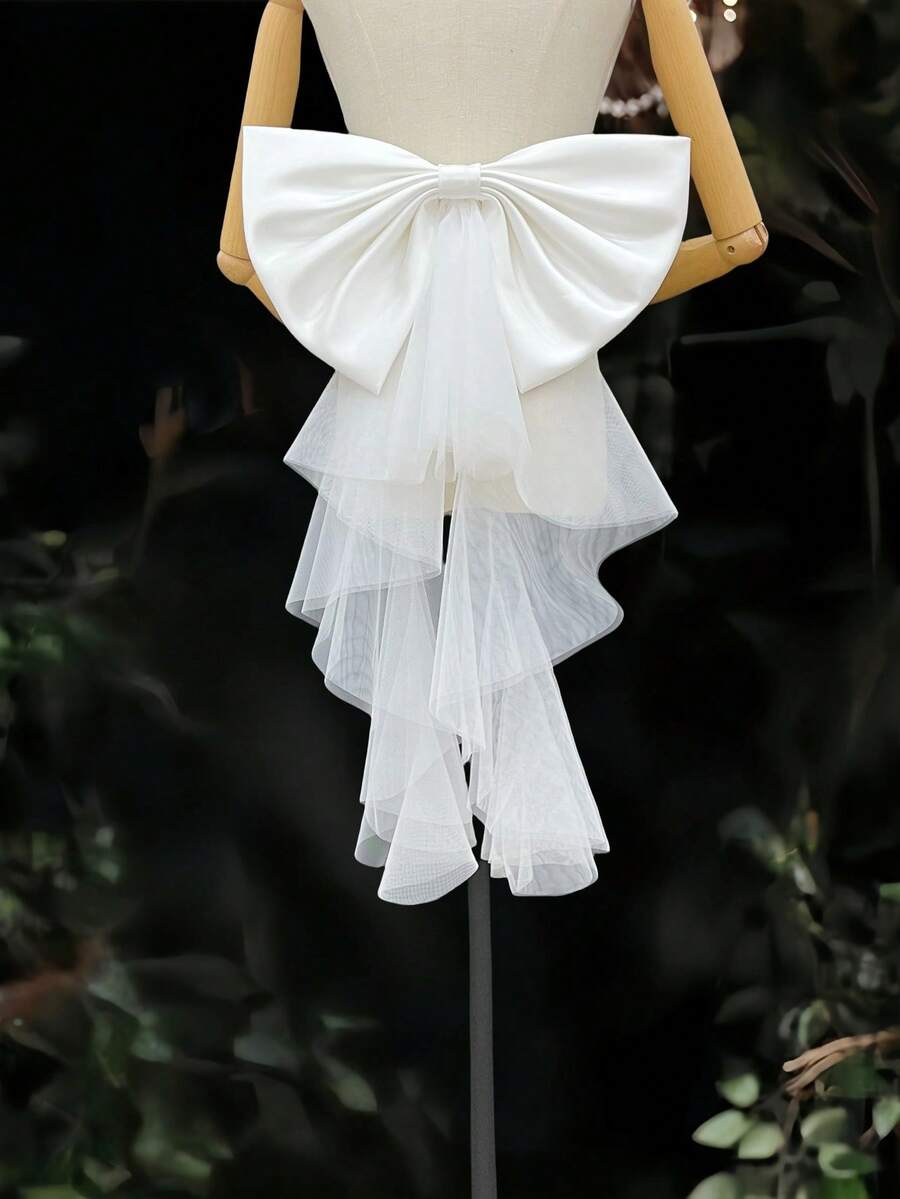 1件多功能蕾丝网纱缎面/可拆卸大蝴蝶结腰带，带拖尾，婚纱配饰，情人节配饰 - 彩色 - 查看 1