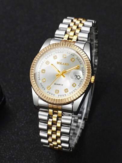 1pc Steel Strap Rhinestone Scale Dial Calendar Quartz Business Wrist Watch, No Horloge Box Included view 5