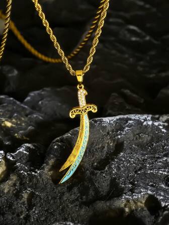 1pc 18K Gold Plated Stainless Steel Necklace + Vintage Enamel Sword Totem Pendant, Decorated With Artificial Zirconia, Inspired By Arabic Or Culture, Suitable For Daily Wear And Cultural Celebrations