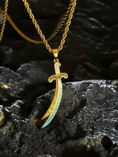 1pc 18K Gold Plated Stainless Steel Necklace + Vintage Enamel Sword Totem Pendant, Decorated With Artificial Zirconia, Inspired By Arabic Or Culture, Suitable For Daily Wear And Cultural Celebrations
