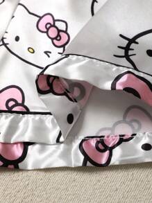 Sanrio Plus Size 3pcs Hello Kitty Silk Pajama Set, 97% Polyester 3% Elastane, Short Sleeve Button Front Lapel Bow Cartoon Cute Front Button Pocket Contrast Trim Sanrio, Outfits