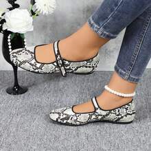 Mary Jane Flat Shoes Round Toe Ballet Flats For Women Dressy Fabric Business Flats Comfortable Classic Strap Flats For Office JUJU-1 - SNAKE - 查看 2