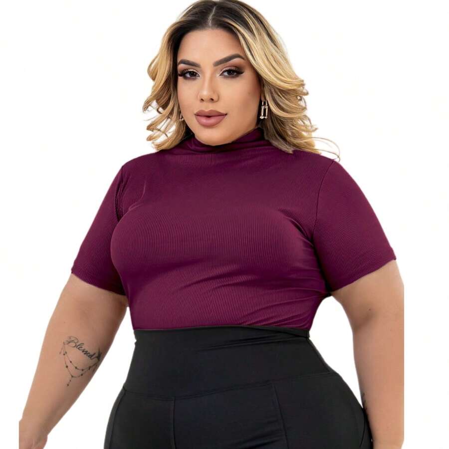 Cacharrel Women's Plus Size Blouse Short Sleeve High Neck Ribbed GG To G3 - Burgundy - View 1