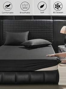 2/3 件黑色条纹图案提花床笠套件，适合所有季节的现代奢华床上用品套件，柔软透气，可机洗（1 件床笠+1/2 个枕套） - 黑色 - 查看 2