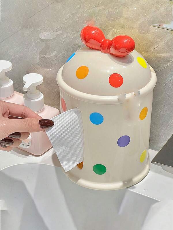 1pc Red Bow Tissue Box, Creative Tabletop Tissue Paper Dispenser Box, Cute Polka Dot Round Tissue Holder For Home, Living Room, Bathroom, Dorm, Desktop (Polka Dot Sticker DIY)