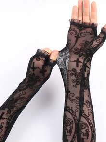 1 Pair Lace Half Finger Gloves With Long Arm Sleeve, Cosplay Costume Accessories, Sheer Dark Gothic Sexy - Black - View 4