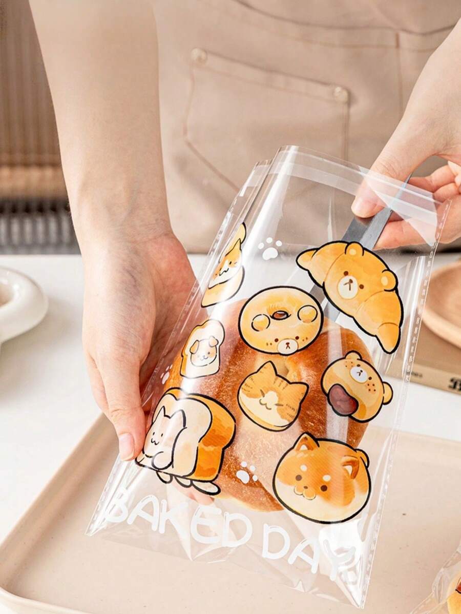 20/50/100pcs Transparent Cartoon Printed Self-Adhesive Seal Food Bags, Suitable For Toasts, Breads, Bagels, Cookies, Back To School Season, Portable Food Packaging - Clear - View 1