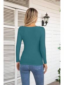 Womens Fashion Fall Cutout Long Sleeve Ribbed Slim Fitted Tops Shirts Tee Tshirts - Long-teal - View 4