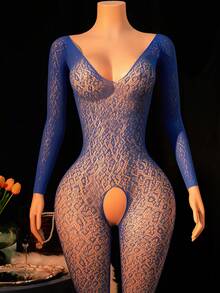 女士性感网纱连体紧身衣长袖镂空紧身连体裤夜店装豹纹性感紧身裤内衣睡衣 - 藍色 - 查看 1