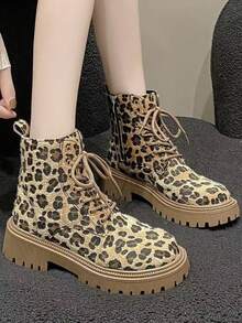 Plus Size Leopard Print Chunky Heel Short Ankle Boots For Teens Girls, Snug Fit Effect, Suitable For Spring & Autumn - Apricot - View 4
