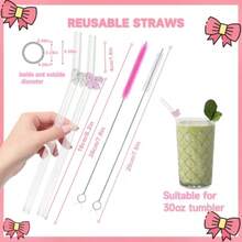 Pajitas de vidrio reutilizables rosas con charms, pajita de vidrio linda con lazo y 2 cepillos de limpieza, regalo estético para amantes del café, batidos, malteadas, bebidas congeladas, té y jugo - 7,68 pulgadas - Ver 5