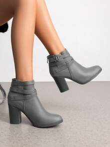 Chunky High Heel Ankle Boots Close Toe Fall Heeled Booties Shoes - Xám - Xem 1