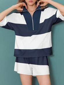 Fisoew Women's 2 Piece Outfits Casual Y2K Color Block Half Zip Sweatshirt & High Waisted Shorts Set 2025 Tracksuit Gym Wear Lounge Tennis Aesthetic Sets Streetwear Fashion - 深藍色 - 查看 3