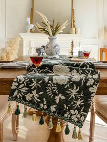 1 pieza Tapete de mesa con bordado floral de estilo retro francés de lujo con flecos, color verde, apto para vacaciones, reuniones, fiestas, bodas, decoración del hogar, todas las estaciones. - Verde Oscuro - Ver 6