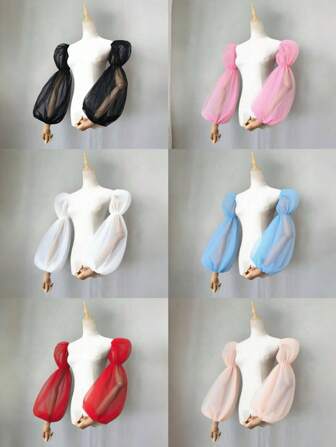 1 Pair Women Detachable Puffy Sleeves, Black, White, Red, Pink, Light Blue, Champagne, 2-Layer Mesh Arm Socks, Elastic Bridal Long Sleeve Cuffs, Sheer Lantern Sleeve, Removable Sleeves, Summer Sun Protection Sleeves, Bridal Gown Accessories, Lolita Style, Decorative Cuff Sleeves For Dresses, Wedding Gown Photo Props Autumn Accessories