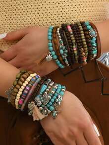 42 Pcs Mixed Vintage Style Multilayer Synthetic Turquoise & Wooden Beaded Bracelet Set With Butterfly/Heart/Hat Charms - Handmade Friendship Bracelet For Men Women - 棕綠色 - 查看 6