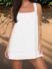 Women Loose Mini Dress Casual Summer Lace Patchwork Square Neck Sleeveless Party Dress For Beach Club Streetwear - 白色 - 查看 4