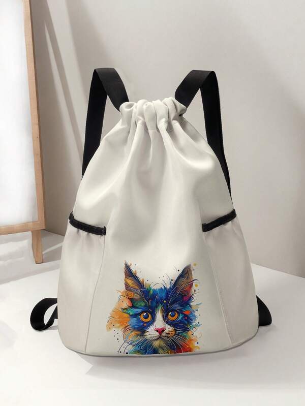 1pc Cat Pattern Drawstring Bag, Black Drawstring Sport/Gym Bag For Workout, Fitness, Travel, Swimming, Beach, Unisex For Men, Women, Girls, Boys, Gym Accessory