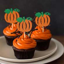 12/24 PCS Pumpkin Cupcake Toppers Glitter Fall Theme Cupcake Picks Pumpkin Themed Shower Birthday Thanksgiving Halloween Party Cake Decorations Supplies Orange