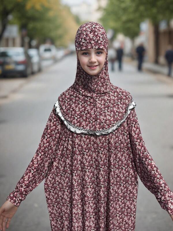 Casual Robe For Muslim Girls Aged 11-16, Elegant School Style, Slim Fit Modest Robe For Muslim Teens, Multi-Color Options, Floral Print Abaya For Muslim Girls Age 11-16, Sweet & Vibrant, New Muslim Girls Floral Headscarf With Lace Trim