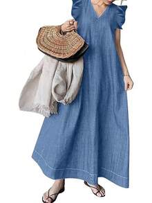 Womens Long Dress Casual Loose Fit Ruffle Sleeveless Jean Maxi Dresses Women 2025 - 藍色 - 查看 1