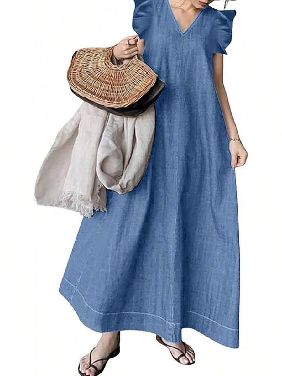 Womens Long Dress Casual Loose Fit Ruffle Sleeveless Jean Maxi Dresses Women 2025 - 藍色 - 查看 1