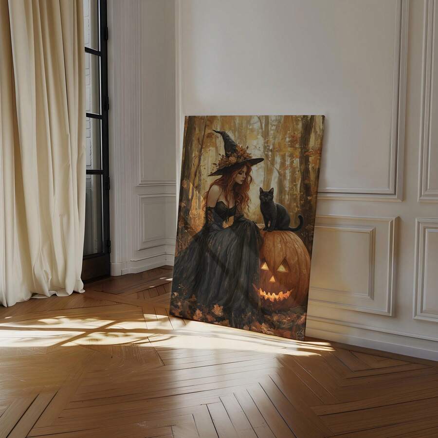 1 bức tranh tường vải canvas phù thủy Halloween quyến rũ cảnh rừng mùa thu với mèo đen và đèn lồng bí ngô, đồ trang trí theo mùa ma quái, đồ trang trí nhà cửa, thẩm mỹ trang trí phòng, tranh tường vải canvas, khung tùy chọn áp phích phòng, đồ trang trí phòng ngủ