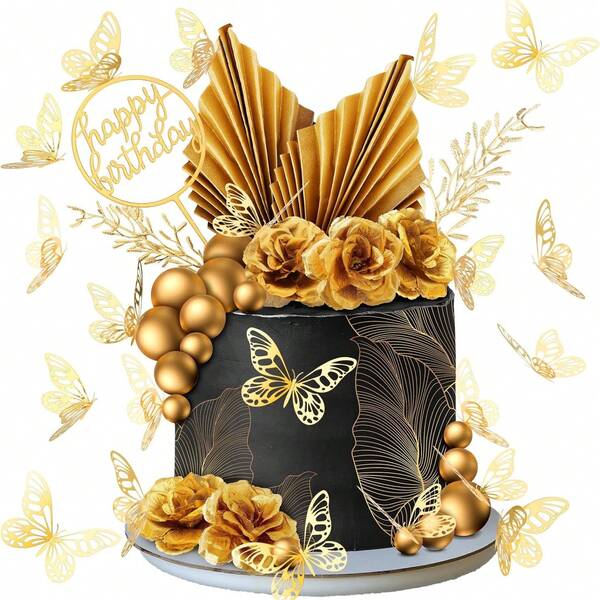 40 Pcs Wedding Birthday Gold Cake Decoration Boho Cake Topper Pink Purple Flower Butterfly Palm Leaves Balls Toppers For Women Baby Shower Party Decoration