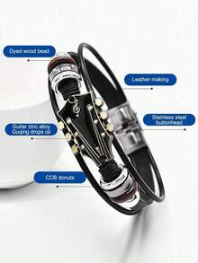 1pc Vintage Faux Leather Guitar Bracelet, Alloy Rock Music Guitar Bracelet For Men, Punk Style - Star - View 10