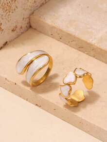 2 件套时尚简约不锈钢镀金白油滴可逆心形开口戒指，适合女性日常佩戴和礼物