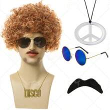 Ensemble de costume disco des années 70/80 pour hommes en 5 pièces - Perruque afro bouclée, lunettes de mode bleues, collier pendentif doré "Disco", chapeau en filet élastique et barbe - Convient pour les fêtes, les jeux de rôle et la décoration d'Halloween