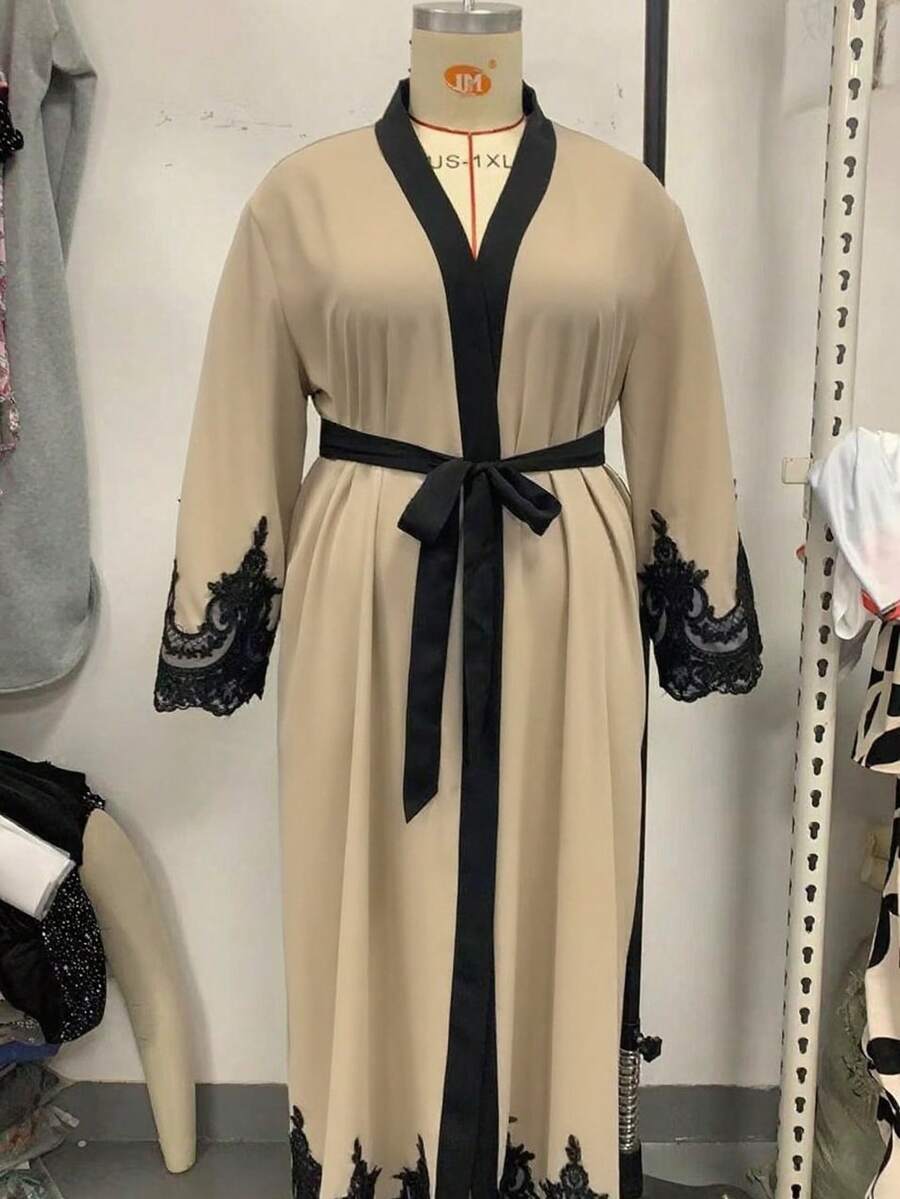 Women's Contrast Color Lace Splice Traditional Turkish & Arabic Long Dress - Khaki - View 1