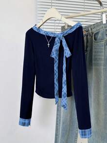 Áo thun dài tay thắt nơ trễ vai cho nữ - Màu xanh hải quân - Xem 3