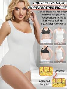 Tummy Control Shapewear Bodysuits For Women Slim Abdomen Compression Full Body Shaper Sculpting Shaping Tank Top Underwear Undershirts Wide Shoulder Straps - 白色 - 查看 3