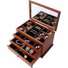 HOHOBLA 4-Layer Rectangular Wooden Jewelry Box Multi-Functional Jewelry Storage Organizer With Mirror + Full Pull-Out Drawer Flocked Fabric Vintage For Jewelry Storage Ring Earrings Storage Organizer [Wonderful Gift For Family&Friends] - 棕色 - 查看 2