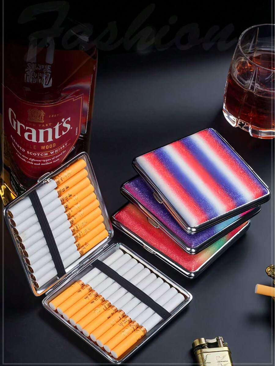 1pc 20 Capacity Leather Cigarette Case, Portable Fashion Metal Minimalist Cigarette Box, Crush & Moisture Proof, Unisex, Multi-Color, Smoking Accessories Girly, Cigarette Storage, Cigarette Holder Case, Sigaretten Doos