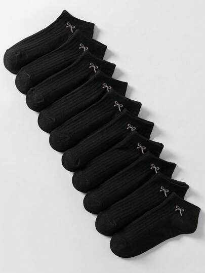 10 Pairs Black Bow Socks, Simple And Elegant Japanese Clown Casual Style, Comfortable And Breathable, Suitable For Sportswear