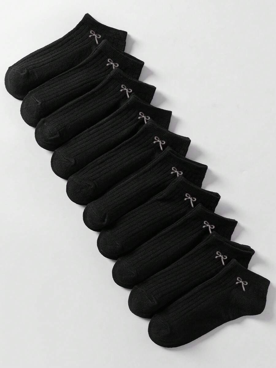 10双黑色蝴蝶结袜子，简约优雅的日式小丑休闲风格，舒适透气，适合运动穿着 - 黑色 - 查看 1